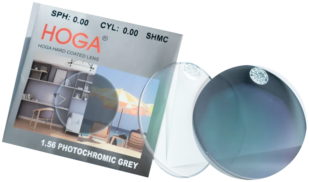 HOGA 1.56 Photo Gray: tròng trong suốt và tròng đã đổi màu khói